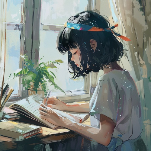 一个8岁的小女孩，有着黑色的头发和眼睛，柔顺的齐肩短发，扎着彩色的发带，在房间书桌上读书，夏天的微风吹起窗帘。