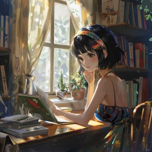 一个8岁的小女孩，有着黑色的头发和眼睛，柔顺的齐肩短发，扎着彩色的发带，在房间书桌上读书，夏天的微风吹起窗帘。