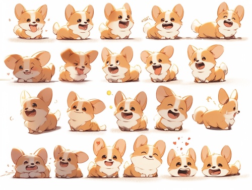 Q version of Corgi, corgi dog's various expressionsand actions, happy,laughing, sad, angry,disappointed, surprised, spoiled, whitebackqround,3D cartoonstyle,nine qridlayout,ilustration desiqn. Pixar style -s 250 -