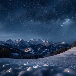 广角，大景深，冬天夜晚，星空，远处的群山，白雪