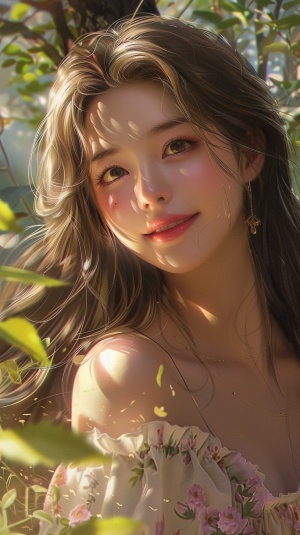 A cheerful and sweet woman, with a lovely oval face, a sunny aura, a smile, wearing a floral dress, bright sunlight, vivid light and shadow, delicate appearance, high-quality CG, movie-level picture quality, warm atmosphere, beautiful. Confidently looking towards the future, long hair, black eyes, expressive eyes, delicate nose, rosy lips, charming smile, front view, full-body portrait, high-quality CG, 8K resolution, clear and clean background.