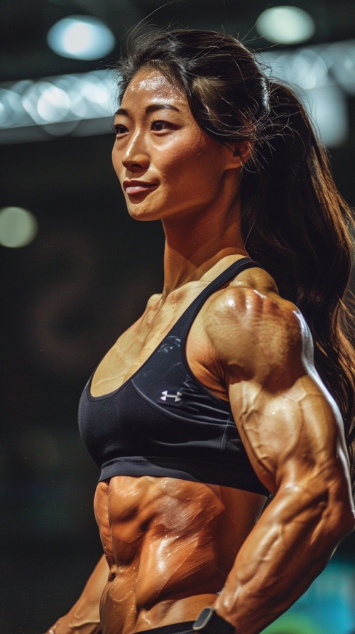 肌肉强壮的亚洲女选手，在健美大赛中展示自己