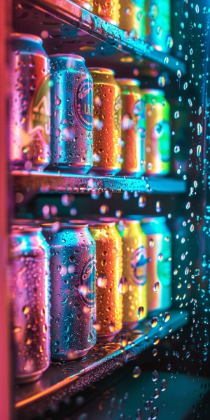 一个迷你啤酒冰箱，玻璃上有少量水滴，你可以看到冰箱上所有的啤酒罐，冰箱内部是发光的，霓虹灯效果。啤酒易拉罐的颜色是五颜六色的。