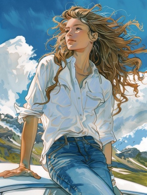 一个长发美女，头发凌乱，穿白衬衫，蓝色牛仔裤，坐在汽车车顶上，山，蓝天，白云，细节明显