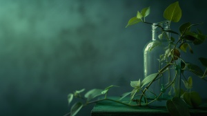 一株爬藤植物缠绕在修长的玻璃瓶上，墨绿色的背景，主体在画面的右边，超高清