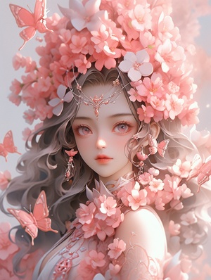 Chinese girl with curly hair, pink transparent butterflyshaped flowers on her head, pink dress, exquisite makeup, highdefinition photography，ar 3:4 style raw stylize 180 niji 6