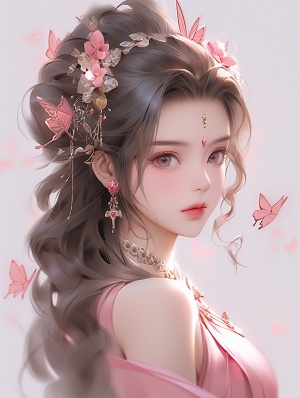 Chinese girl with curly hair, pink transparent butterflyshaped flowers on her head, pink dress, exquisite makeup, highdefinition photography，ar 3:4 style raw stylize 180 niji 6