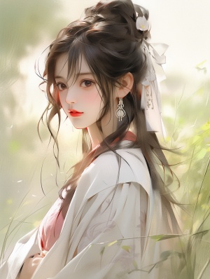 画一张一个中国人时尚模特美丽的女子，漂亮的五官精致，美丽的眼睛，戴流苏小耳环，夏天彩色裙子穿搭，身材肉丰盈性感，在露天的花园路走秀，的图片给我，森林背景，不暴露