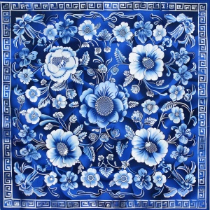 客家文化的蓝白印花，以藏蓝为底色，要对称的白色印花，风格要素雅明朗的图案设计