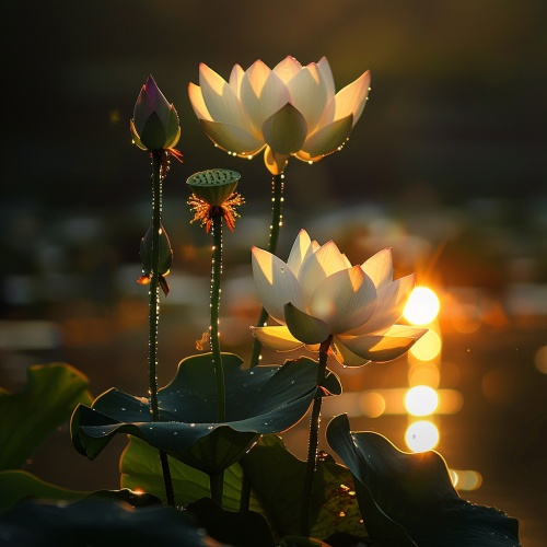 夕阳下的池塘，逆光下，两支一高一低的荷花亭亭玉立构成优美的造型，花瓣晶莹剔透。高品质，优秀摄影作品。