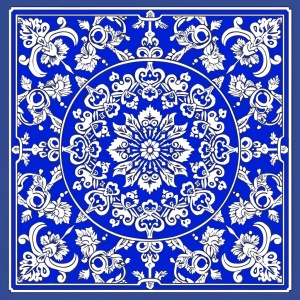 客家文化的蓝白印花图案设计，以藏蓝色为底色，要对称的白色印花，风格素雅明朗