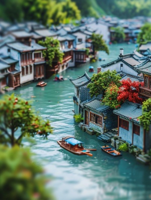青砖灰瓦白墙的江南水乡小镇，靠着一条清澈的小河，小河上有船，河边房屋被绿树红花环绕，一幅江南水乡的景像