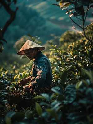 云南大树茶树，乔木茶树，普洱茶树，茶农爬树采摘茶叶，高感光度,高对比度,互补色,多色彩搭配,写实风格,徕卡镜头,真实的,复杂的,真实感,国家地理,电影效果,柔和照明,气氛照明,明暗分明,立体光,丁达尔光照,边缘光,轮廓光,高对比的侧面光