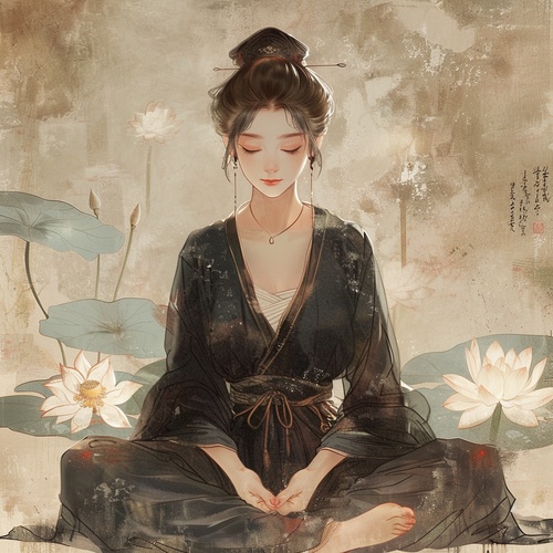 crosslegged, Meditate with your eyes closed, a lotus, dressed in chinese clothes, the painting style refers to qibaishi, xu beihong, God rays, Halo, Rim light, frontal forward,symmetrical composition, tang dynasty, charming characters, cute and dreamy ar 3:4s 300niji 5