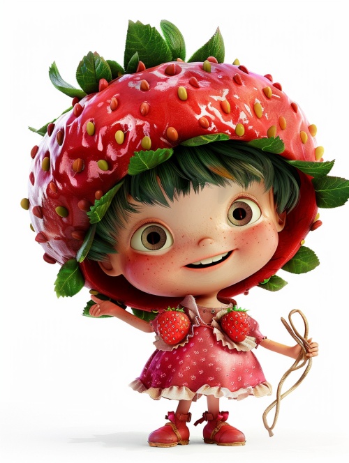 一个穿着草莓裙，戴着草莓帽的水果娃娃，白底