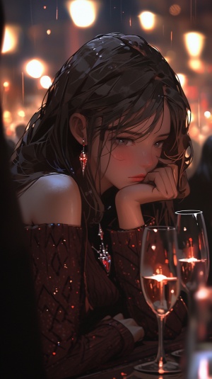 伤心的美女一只手拿着酒杯，脸上留着泪，夜晚