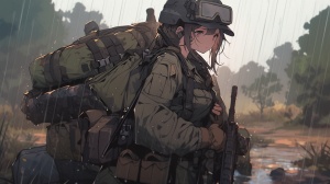 一个女孩 穿着湿透的衣服 湿透的裤子 背着大背包 穿着防弹衣 带着军用手套 穿着湿透的军靴 手中拿着步枪 头上带着防弹头盔 在泥浆中走路