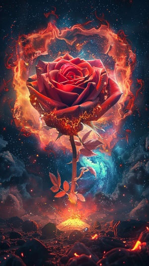 该图片展示了一个视觉上惊人的玫瑰花，它被画成星云状，色彩从玫瑰花的中心向外散射，创造出一种引人入胜的太空环境。玫瑰花有火焰般的橙色和红色以及背景中星系般的蓝色和紫色。围绕着玫瑰花的是岩石和篝火，营造了一种星际冒险的氛围。这张照片以一种独特的方式呈现，似乎融合了花卉艺术和太空主题。这朵玫瑰花似乎是场景的焦点，吸引人们注意到它精致的细节和充满活力的色彩。玫瑰花周围的环境为构图增添了深度和背景，使其成为一幅引人入胜、富有想象力的图像。