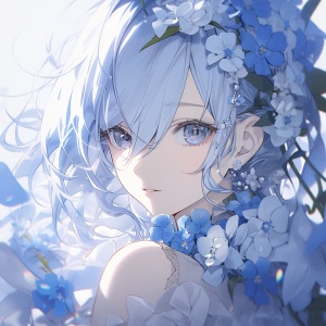 一个漂亮的少女，背后是蓝色的花海，头上有蓝色的鲜花，头发是蓝白色，梦幻，高清，4k，唯美