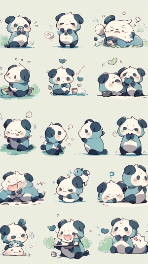 可爱的熊猫形象，拟人化，十六个不同的姿势和表情