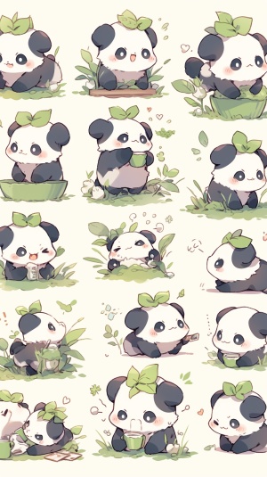 可爱的熊猫形象，拟人化，十六个不同的姿势和表情