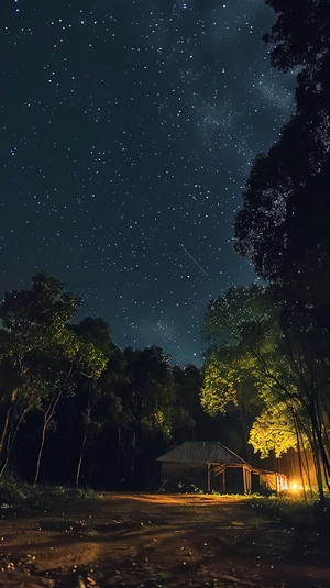 广角，夜晚，星空，树林