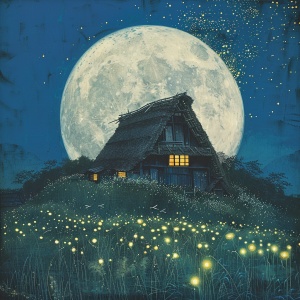 洁白的月亮有一个茅草屋还有一群萤火虫