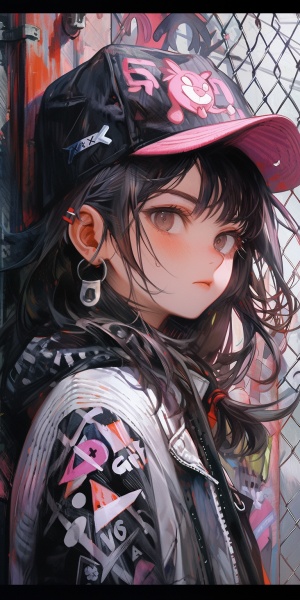 Girl, painted with graffiti, anime style, dark color palette, ultra-detailed portraits, ultra-realistic color illustrations, with unique character design.