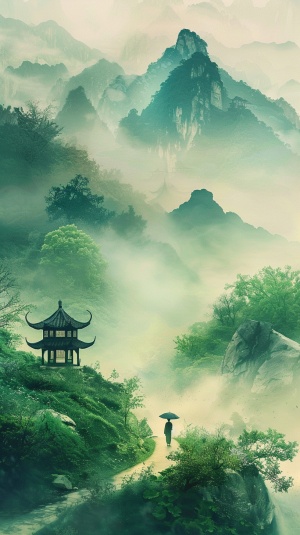 仙境画卷：传统人物漫步绿色山丘