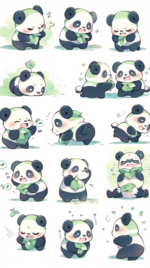 可爱的熊猫形象，十六个不同的姿势和表情，快乐，愤怒，悲伤，哭泣，可爱，期待，失望，惊讶，无语，害羞，大哭等，白色背景