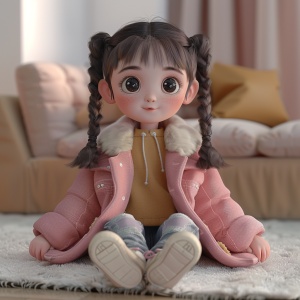 一个可爱的中国小女孩，穿着粉色的牛仔裤和粉色的外套，扎着两个辫子，坐在沙发上发呆，细节精细，超细节渲染风格，柔和的灯光，3D，C4D，高细节，