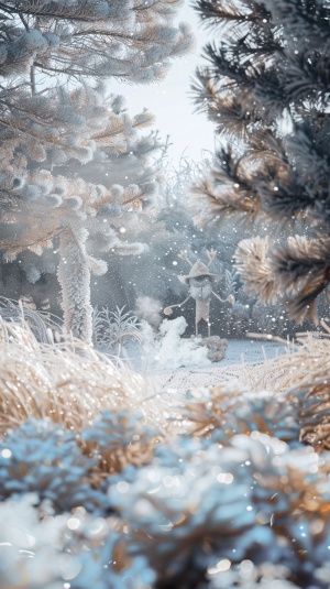 雪花飘落，门前松树苍翠，白色炊烟袅袅升起，小狗在院子里欢快地玩耍，稻草人站在田边，院落里摆着一排晶莹剔透的冰雕作品。
