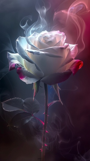 美丽的白色玫瑰花、红、粉和紫色调的花瓣、神秘的雾气环绕、深色背景、梦幻感、悬浮感、玫瑰花茎、完整构图、静物场景、自然美、艺术表现。