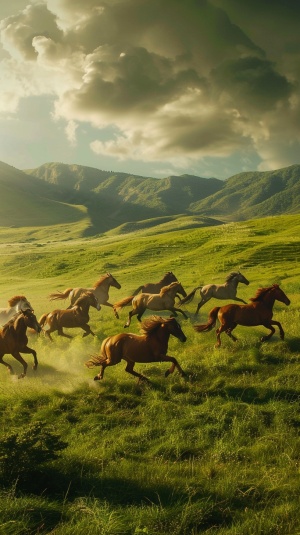 绿色的草原上，金色的高头大马飞奔