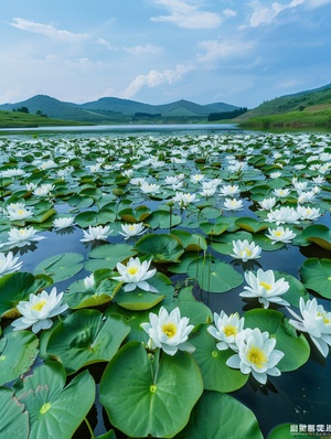 白色睡莲花园与青山高空远景