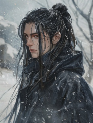 身穿黑色风衣的少年，站在雪中，眼睛望向远方，黑色的长发垂落，用发绳绑了起来，二次元风格