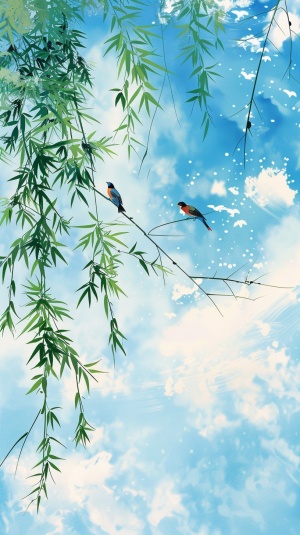 翠绿的柳树、两只黄鹂鸟、蓝天白云左侧为柳树，树枝上两只黄鹂鸟，背景为蓝天白云