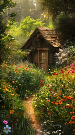 清晨，被鲜花包围的小木屋，鲜花留出一条非常窄的鲜花小道，温暖而又心情舒畅
