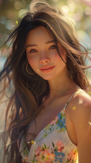 Cheerful Woman in Floral Dress with Sunny Aura