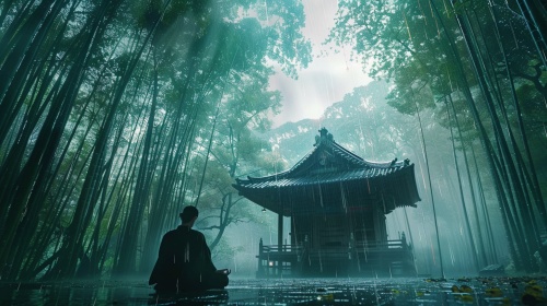天空下着雨，竹林里有个寺庙建筑，自然风景，很治愈，很有安全感，有个人在禅修冥想，背对着镜头