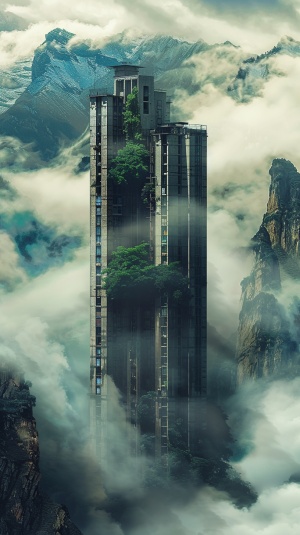 一座古老的高楼孤独地矗立在山林之间，周围是云雾缭绕，山峰层峦叠嶂。