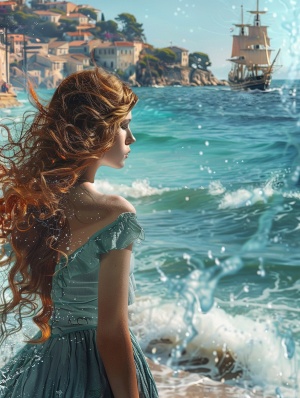 一美女站在大海旁，海浪拍打岸边大石，溅起无数浪花，晴空万里，海上轮船慢慢行驶过，岸上建筑林立，呈现生机勃勃景象，4K高清画质
