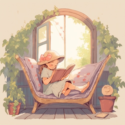 一个小女孩躺着椅子上，头上盖本书，打开窗可以看到外面的景色，漫画风格