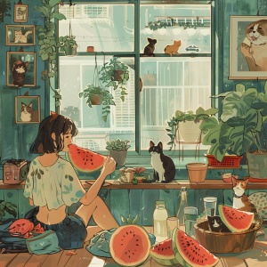 一个女孩，在家一边吃着西瓜，零食，喝着饮料，一边看电视，有狗狗猫猫的陪伴