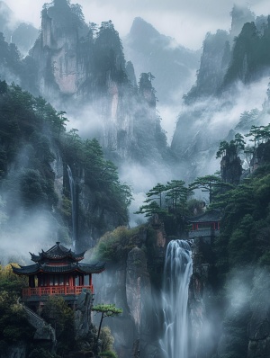 中国山水史诗般的场景，远处有许多小山峰，被云雾环绕，山上有雾，巨大的瀑布，有亭子nea rby，松树造型奇特，瀑布溪流众多，山脚下有茶室，宛如仙境，实景拍摄，超广角，光线充足五5.1