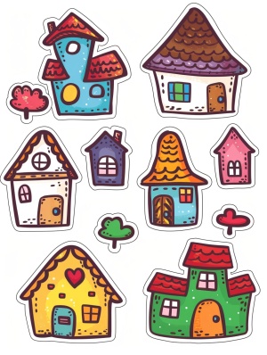 一组可爱的小房子贴纸，简笔画，彩色，迷你的彩色小房子。