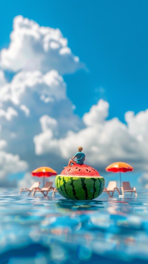 小人坐在漂浮在泳池上的西瓜上，旁边有椅子和遮阳伞，蓝天白云为背景