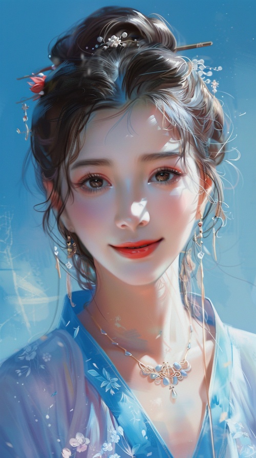 请画个六十岁优雅富态甜美微笑的中国女人，背景纯蓝色，画质高清