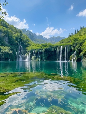 苍翠碧绿的山峰，倒映在清澈明净的湖水中，远处有若隐若现的瀑布飞流直下，天空中飘浮着几朵洁白的云彩，给整个画面增添了一丝神秘感和梦幻色彩。高清8k