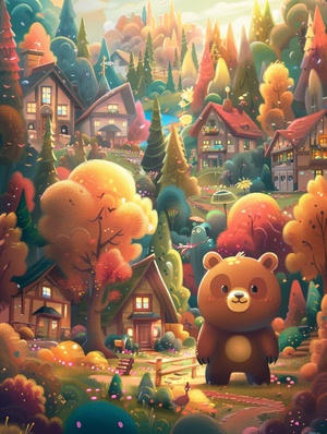 A cute little bear stands in front of a lush forest town, with colorful trees and small houses in the background.